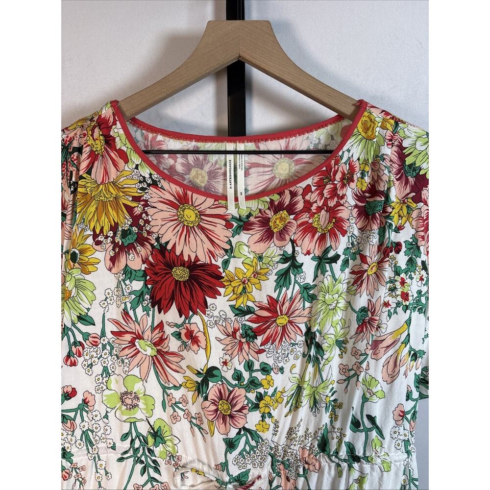 Anthropologie Floral Drawstring Blouse Womens XS Colorful Tassel Boho Peasant - Picture 2 of 9